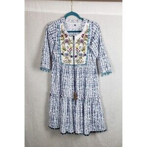 Boho Peasant‎ Dress Womens M Blue White Embroidered Floral Pom Pom Trim Festival